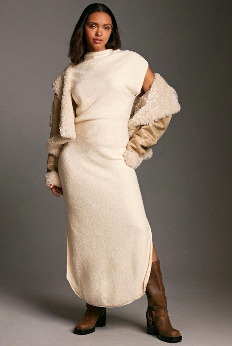 Daily Practice Ivory Mock Neck Sleeveless Ribbed Knit Midi Sweater Dress M NWT